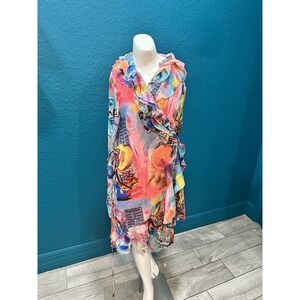 Elsie & Fred Moxie Ruffle Collar Chiffon Y2K WrapDress In Collage Print M